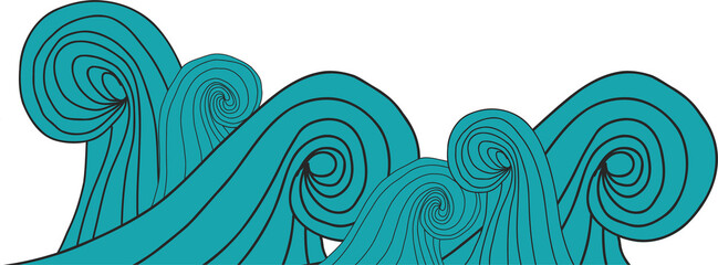 Poster - Abstract wave motif is undulating across transparent canvas in flat design with teal swirl patterns