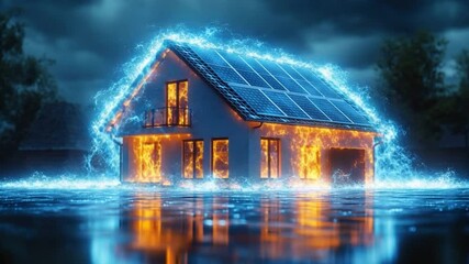 Poster - Eco-Friendly Home: A modern home, powered by solar panels, is enveloped in an energetic aura, symbolizing sustainability and energy efficiency. Captured against a blurred background.