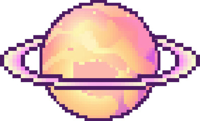 Poster - Pixel art planet is floating on transparent background, showing pastel peach pink with purple ring