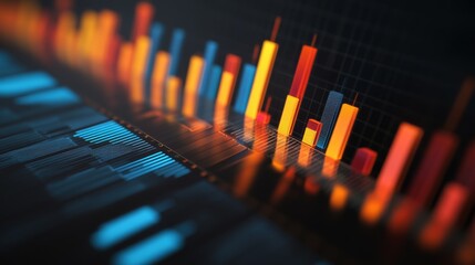 Aufkleber - A financial dashboard displaying a D bar graph with colorful rising bars, set against a dark background with subtle lighting effects.