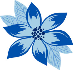 Poster - Flat illustration is showing blue flower, six petals, dotted core, leaves, transparent background