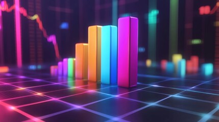 Aufkleber - A futuristic financial D bar graph showing rising bars in bright colors, floating against a digital grid background with financial symbols.