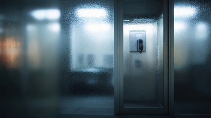 Poster - Blurry Phone Booth in Office Space with Frosted Glass Walls