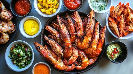 Poster - A high-angle view of a seafood barbecue feast featuring large grilled shrimp on a platter, surrounded by dipping sauces and colorful side dishes.