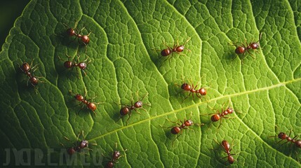Poster - A group of ants exploring the surface of a large leaf, with the play of light and shadow enhancing the textures of both the insects and the foliage