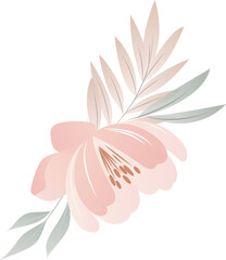 Poster - Stylized pink flower is opening in vector design, with pastel leaves on transparent background