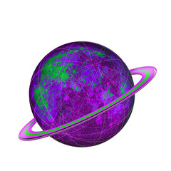 Poster - Stylized ringed planet is floating in flat style with grid, bright bands, transparent background
