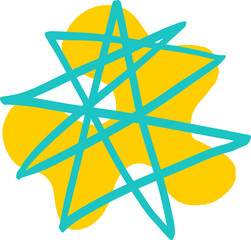Poster - Yellow organic blob is being crossed by turquoise scribble in flat graphic, transparent background