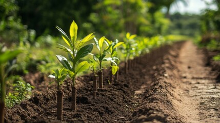 Poster - A line of saplings planted along a dirt road, representing reforestation efforts in a rural area.