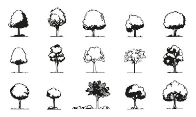 Wall Mural - diverse tree silhouettes in black and white illustration set. landscape design and architectural pla