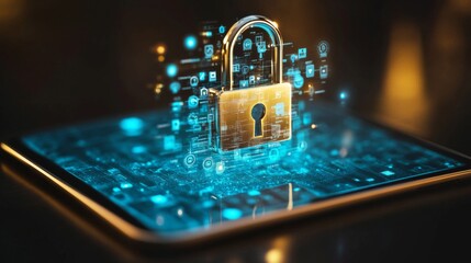 Fototapete - A lock and key on a tablet screen, highlighting data protection and preventing unauthorized access to information.