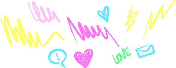 Poster - Neon doodles are floating on clear backdrop with heart, envelope, alert bubble, lightning, LOVE