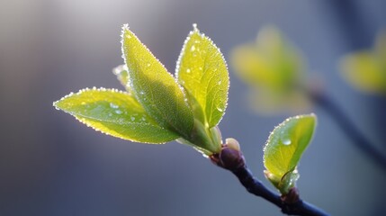 Poster - A macro shot of fresh green leaves unfurling on a young tree branch, glistening with morning dew.