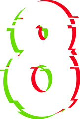 Poster - White number eight is showing red and green glitch shards in flat design, transparent background