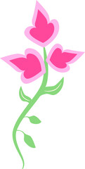 Poster - Flat design is showing three pink blossoms on curved stem with green leaves, transparent background
