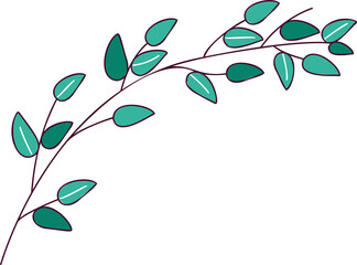 Poster - Flat design botanical branch is floating with teal leaves and white veins on transparent background