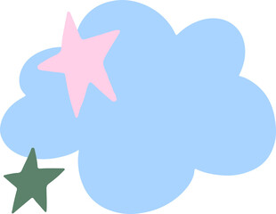 Poster - Pastel blue cloud is floating in flat style, with pink, sage green stars on transparent background