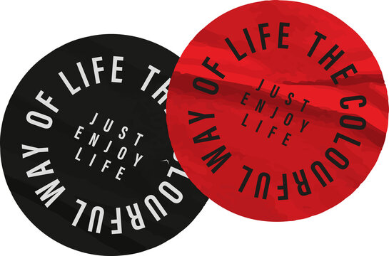 Two badges are overlapping in flat design with black and red slogans on transparent background