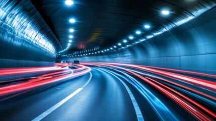 Fototapete - A motorway tunnel illuminated by bright lights, with cars driving through smoothly.