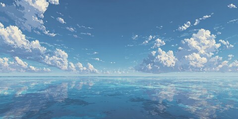 Tranquil seascape with a vibrant blue sky, scattered cumulus clouds reflecting on calm waters