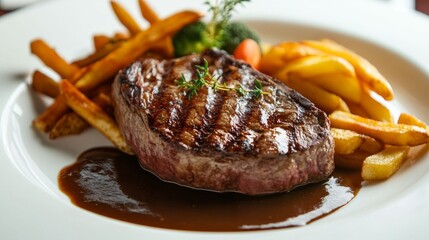 Poster - A perfectly cooked medium-rare steak served with crispy golden fries, fresh vegetables, and a rich gravy, elegantly plated on a white dish.