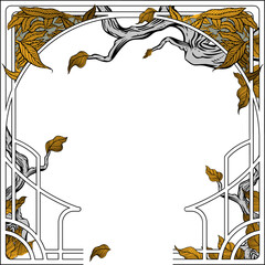 Poster - Flat design ornamental frame is showing white branches, golden leaves on clear backdrop, copy space