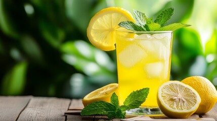 Poster - A refreshing glass of iced lemonade filled with bright yellow liquid and ice cubes, garnished with a lemon slice and mint leaves, sitting on a wooden table.