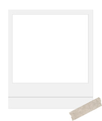 Poster - flat-design instant-print frame is floating on transparent backdrop held by slanted brown tape