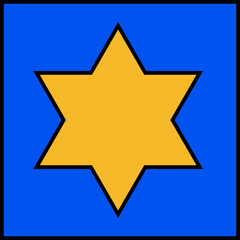 Poster - Flat design yellow hexagram is floating on blue square with black outline on transparent background