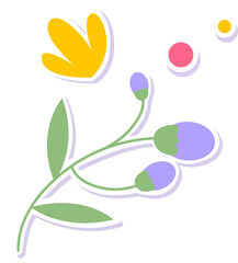 Poster - Stylized branch is showing leaves, buds, yellow petal pink-yellow circles on clear bg, copy space