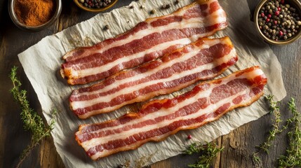 Poster - A scenic view of bacon strips laid out on parchment paper, ready for cooking, with herbs and spices nearby, emphasizing the preparation process and fresh ingredients