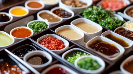 Aufkleber - A shabu table with a variety of sauces in small dishes, including spicy, tangy, and creamy options, ready for dipping.
