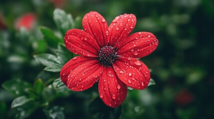 Poster - A single red flower with water droplets glistening on its petals, surrounded by blurred green foliage in the background.