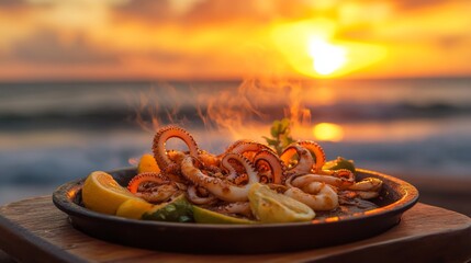 Poster - A sizzling platter of squid being served at a seaside restaurant, with waves crashing in the background and a warm sunset sky.