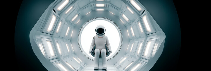 Wall Mural - futuristic astronaut floating inside a high-tech space station with bright lights and symmetrical ar