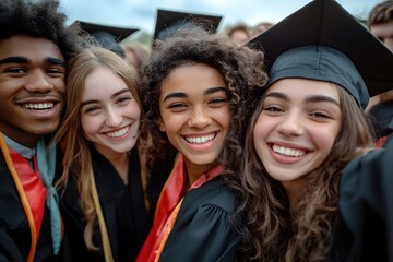 a minimalist and artistic half-body group photo of multicultural graduates wearing gowns, standing close and smiling happily