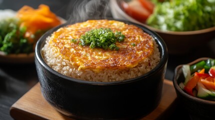 Poster - A steaming bowl of omelet rice with a golden-brown omelet, surrounded by a medley of vegetables, capturing the warmth and deliciousness of this Thai comfort food