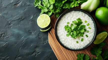 Poster - A traditional Thai setting with a bowl of rice porridge placed on a bamboo mat, accompanied by fresh ingredients like coriander and lime, creating a rustic look.