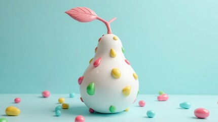 Wall Mural - A playful pear sculpture with shiny colored droplets and a smooth white finish is set on a pastel blue background