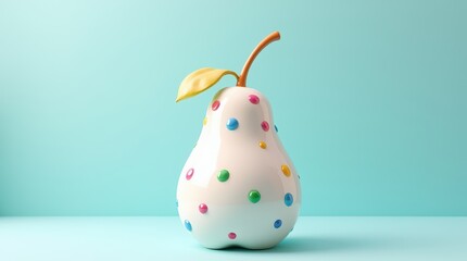 Wall Mural - A playful pear sculpture with shiny colored droplets and a smooth white finish is set on a pastel blue background