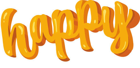 Poster - Showing stylized 3D script text spelling happy, glossy balloon shading on transparent backdrop