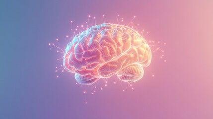Fototapete - A visually striking D rendering of a human brain with glowing synapses and neural connections, set against a gradient background to emphasize its dynamic activity.