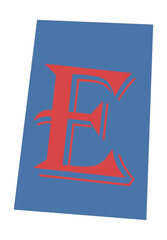 Poster - Decorative red letter E is floating on rotated blue panel in flat design on transparent background
