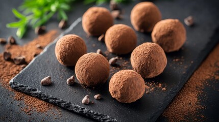 Poster - Chocolate truffles dusted with cocoa powder, arranged elegantly on a dark slate, rich texture and depth, perfect for a gourmet setting.