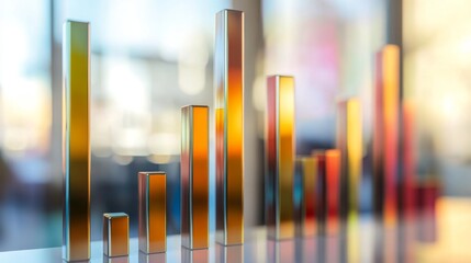 Poster - Close-up of a D bar chart with metallic finish bars, showing different heights and colors, on a softly blurred background, conveying a sense of modernity.