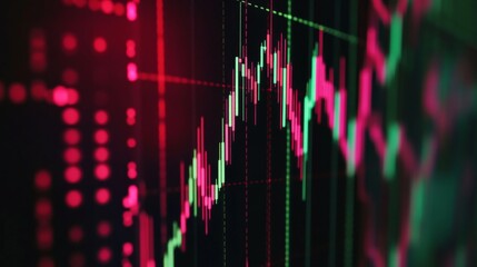 Poster - Close-up of a data graph with candlestick charting patterns, using vibrant reds and greens to show fluctuations against a dark background