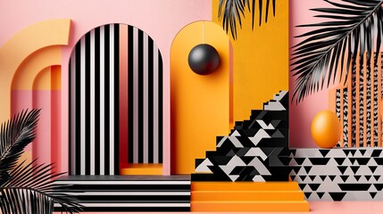 Poster - Tropical modernist geometric composition with spheres and bold color palette creating allure