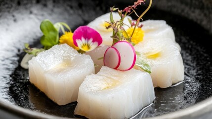 Poster - Close-up shot of delicate slices of sashimi artfully presented on a black plate, with thinly sliced radish and edible flowers adding a touch of elegance