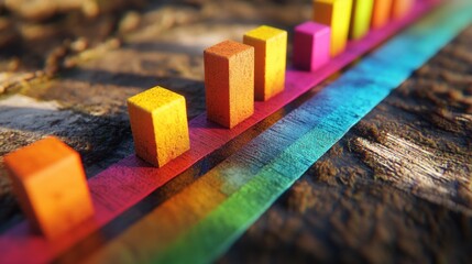 Poster - Close-up view of a colorful D bar chart with varying heights and widths, casting shadows on a textured surface, providing depth to the data presentation.