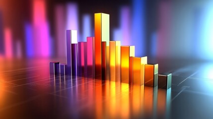Fototapete - Colorful D bar chart with varying heights on a sleek surface, illuminated by soft lighting, creating a modern and professional visual for data representation.